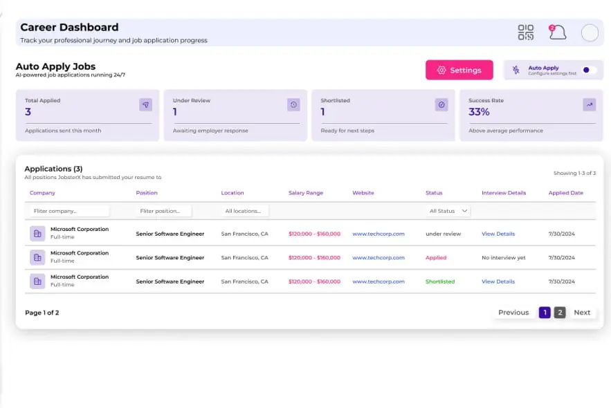 JobsterX auto apply dashboard tracking applied, shortlisted, and under-review roles