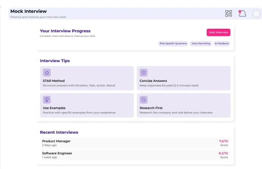JobsterX mock interview dashboard with role-specific questions and AI feedback