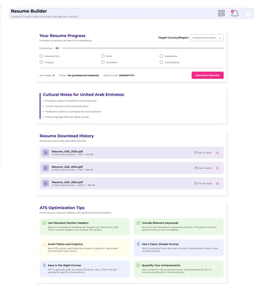 JobsterX AI resume builder dashboard with ATS optimization tips